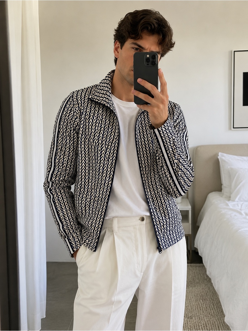 Valentino Logo Print Track Jacket XL | Black & Cream V Pattern | Bnt